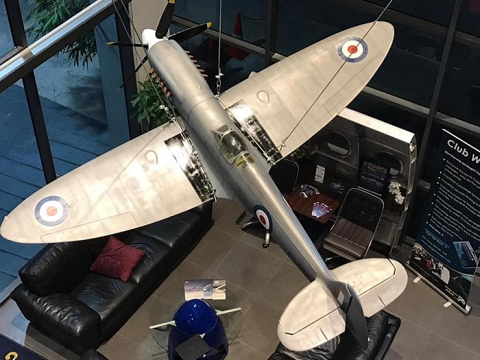 Static Display Spitfire Model hanging in Singapore Airport Club Lounge